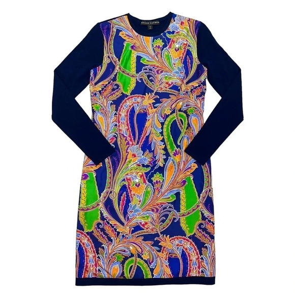 Ralph Lauren Cashmere Sweater Dress Paisley Mix Media Silk Art to wear Size S - Picture 1 of 11